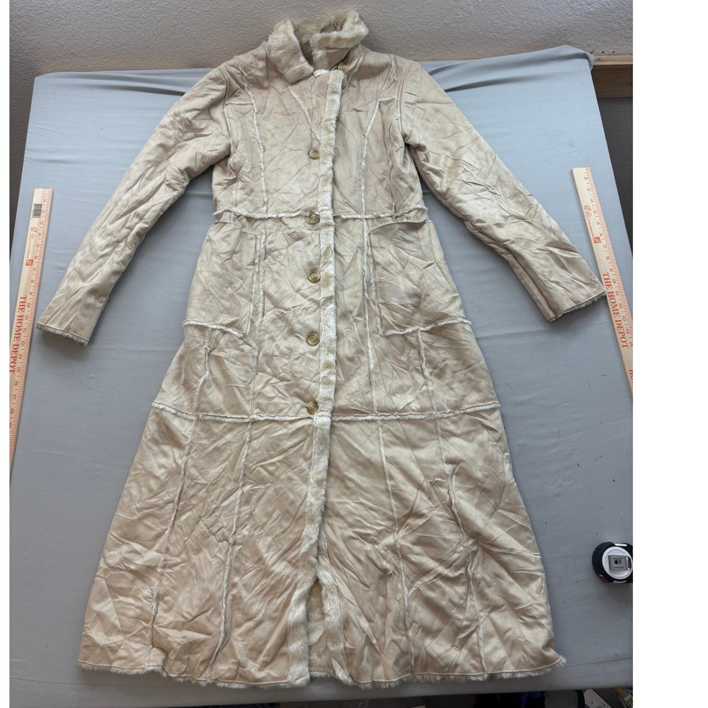 Body Central Faux Suede Fur Lined Trench Coat Cream Beige Longline Jacket Medium